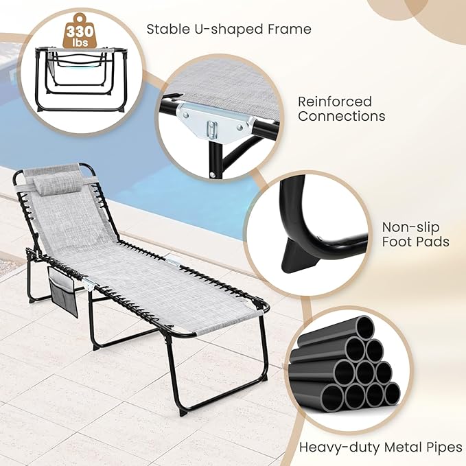 GYMAX Lounge Chairs for Outside, Extra High Folding Beach Tanning Lounger - Image 6