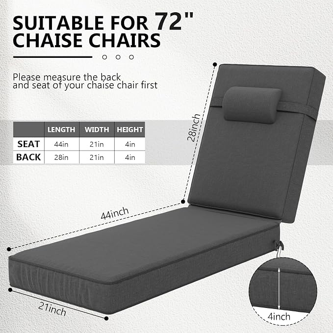 72 x 21 x 4 Inch Olefin Chaise Lounge Cushions, Lounge Chair Cushions - Image 2