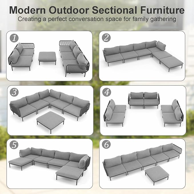 6 Piece Modern Outdoor Sectional Sofa, Weather-Resistant Metal Frame and - Image 3