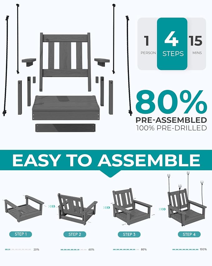 SERWALL HDPE Single Porch Swing, Heavy Duty Single Person Swing Chair - Image 7