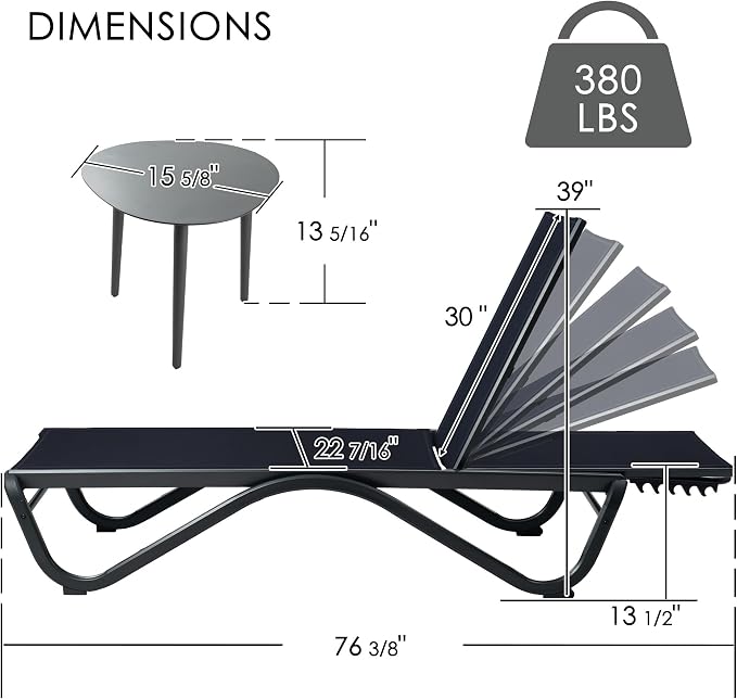 Kozyard Outdoor Chaise Lounge Chair, Full Aluminum Frame, Adjustable Reclining - Image 2