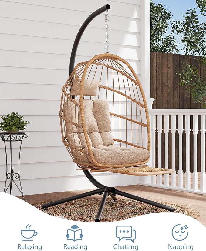 SWITTE Egg Chair Outdoor with Footrest & Stand, Indoor Wicker Hanging Egg Swing - Image 8