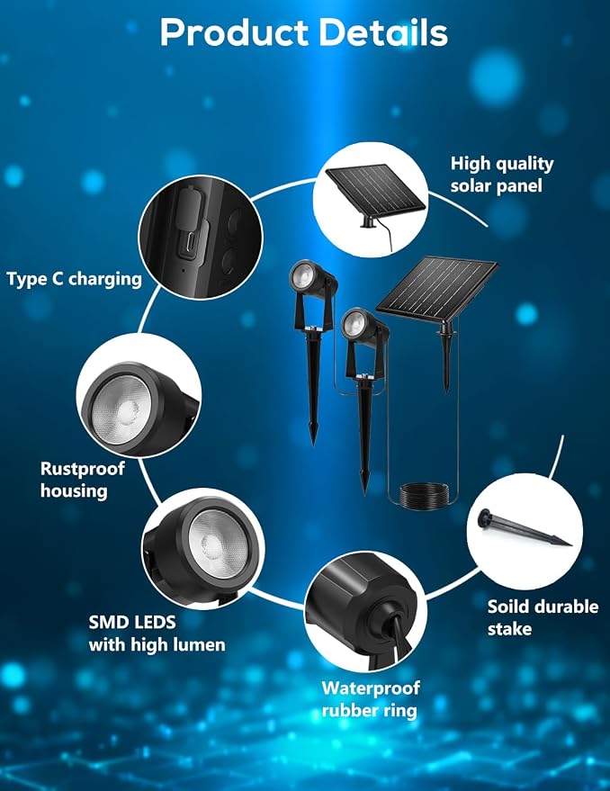 Zyan Solar Landscape Spotlights, Separate Monocrystalline Panels & USB-C - Image 8