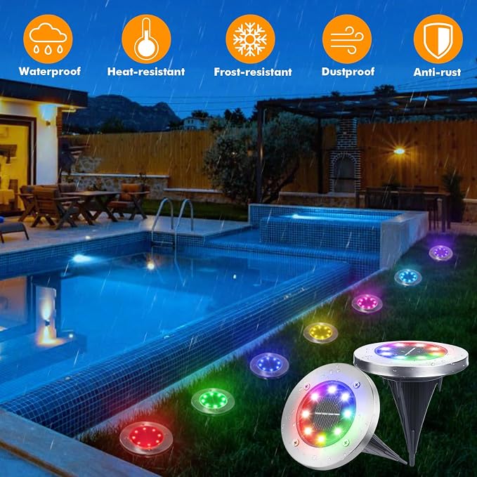 LYHOPE Solar Ground Light Outdoor, 16 Pack 8 LED Color Changing Solar Disk - Image 7
