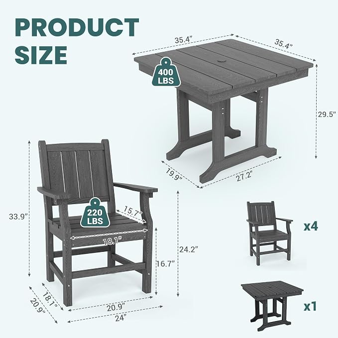 Pamapic 5 PCS Outdoor Dining Set, Spacious HDPE Outdoor Table and Chairs - Image 7