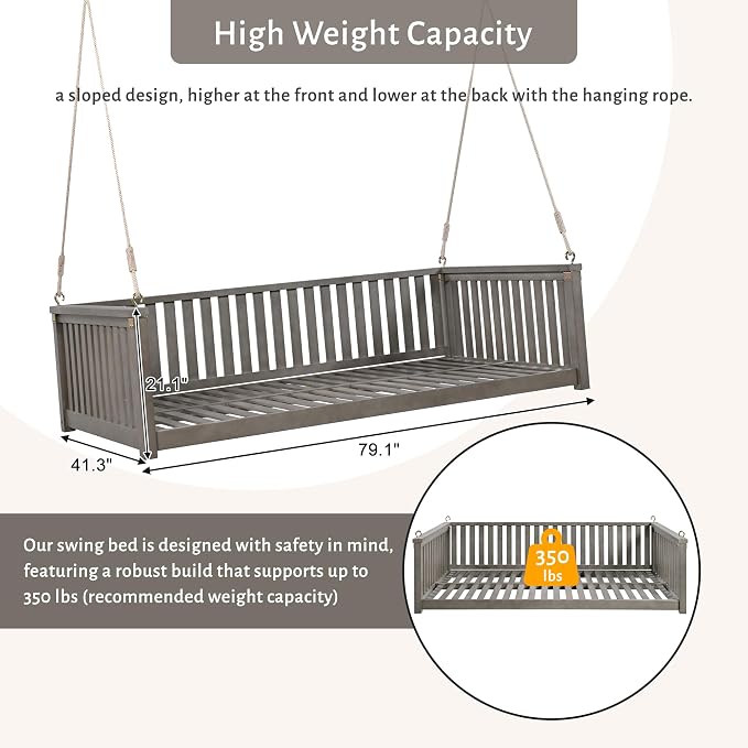 Patio Twin Size Garden Swing Daybed, Acacia Wood Porch Swing - Image 6