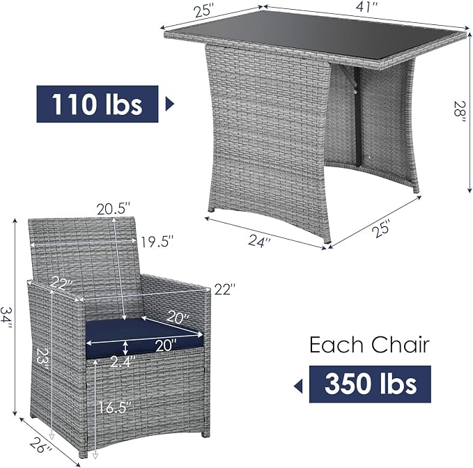 Tangkula 3 Pieces Patio Dining Set, Patiojoy Space-Saving PE Rattan Bistro Set - Image 4