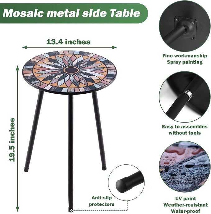 Party Zealot Metal Mosaic Round Side Tables Set of Two 13.4" Small Outdoor - Image 3