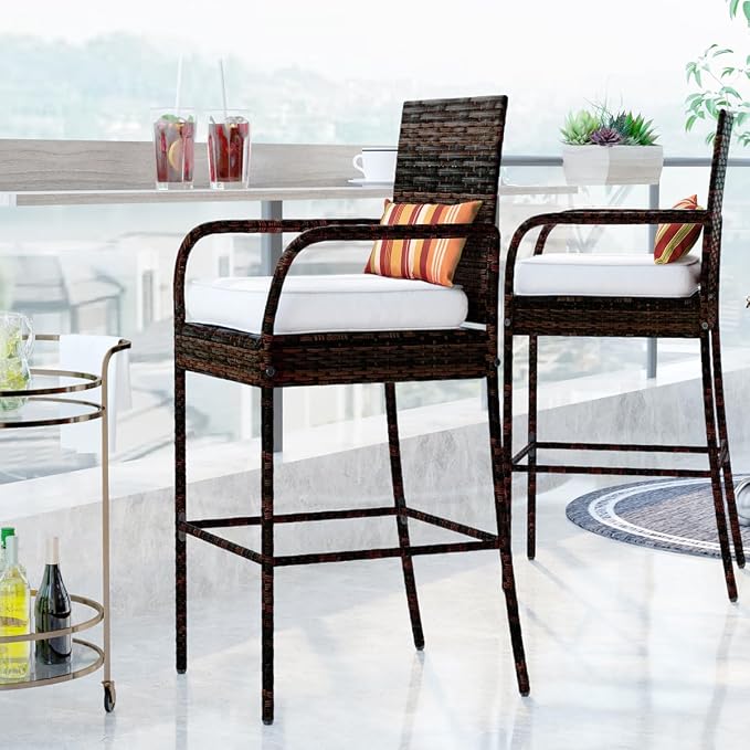 Sundale Outdoor Wicker Bar Stool Set of 2, Patio Counter Height Pub Chair - Image 8