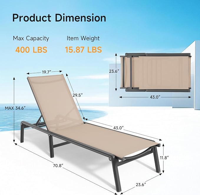 ONBRILL Aluminum Chaise Lounge Chair Outdoor, Foldable & Assembly Free Outdoor - Image 2
