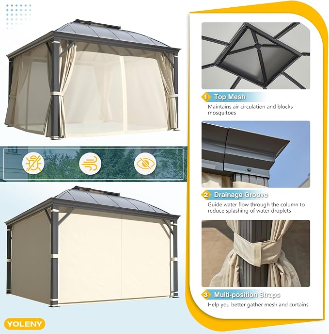 YOLENY 12'x12' Hardtop Gazebo, Permanent Outdoor Aluminum Patio Gazebo - Image 3