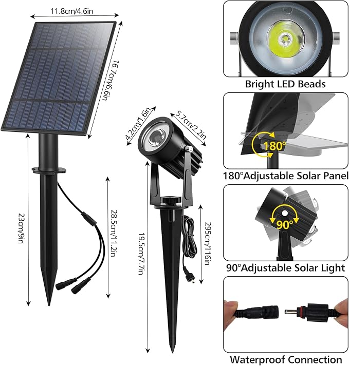 T-SUN 2W Solar Spotlights, LED Solar Powered Landscape Lights Outdoor - Image 8