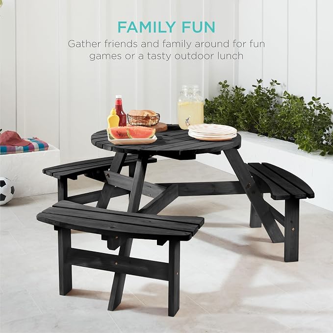 Best Choice Products 6-Person Circular Outdoor Wooden Picnic Table - Image 7
