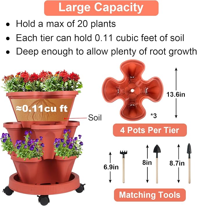 GameXcel Vertical Planter 3 Tier Stackable Planters Garden Planters Strawberry - Image 5