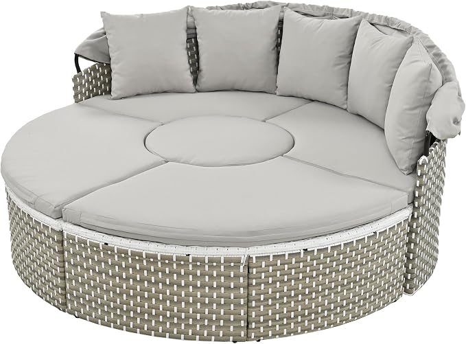 Merax Patio Furniture Round Outdoor Sectional Sofa Set, Rattan Daybed Two-Tone - Image 9