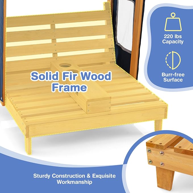 Costzon Kids Lounge Chair Outdoor, Wood Double Seat Chaise Lounge - Image 7