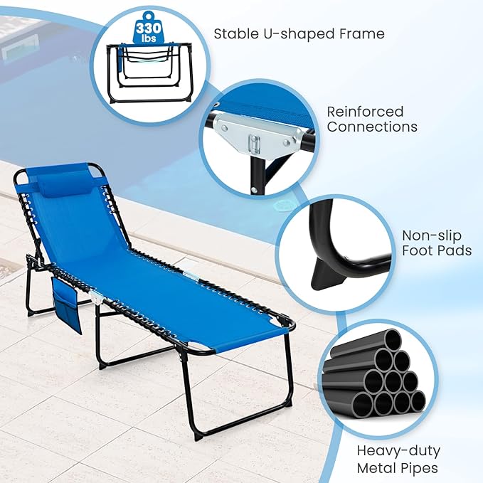 GYMAX Lounge Chairs for Outside, Extra High Folding Beach Tanning Lounger - Image 6