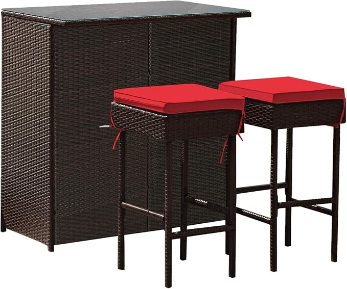 HAPPYGRILL 3-Piece Patio Bar Set Rattan Wicker Bar Stools & Table by HAPPYGRILL