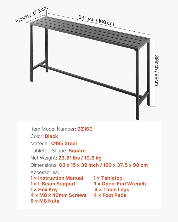 VEVOR Outdoor Bar Table, 63 x 15 in Patio Bar Table, Waterproof Top & Sturdy - Image 8