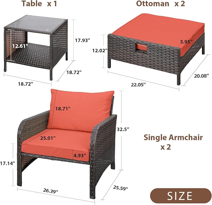 LEVELEVE Balcony Furniture 5 Piece Patio Conversation Set, PE Wicker Rattan - Image 2