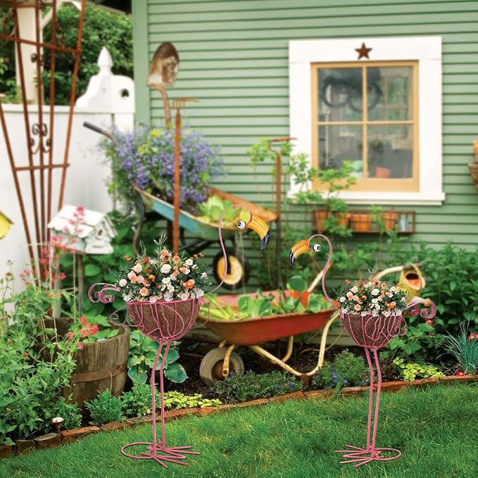 hogardeck Garden Decor for Outside, Metal Standing Flamingo Plant Pots Yard Art - Image 6