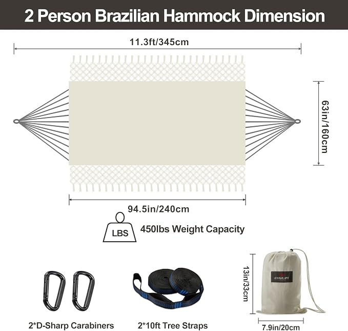 Brazilian Double Hammock with Tree Straps, Extra Large 94x63IN, 2 Persons - Image 3