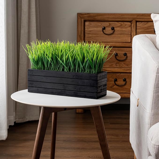 MyGift 14 Inch Artificial Green Grass Plant in Vintage Black Wood Planter - Image 4