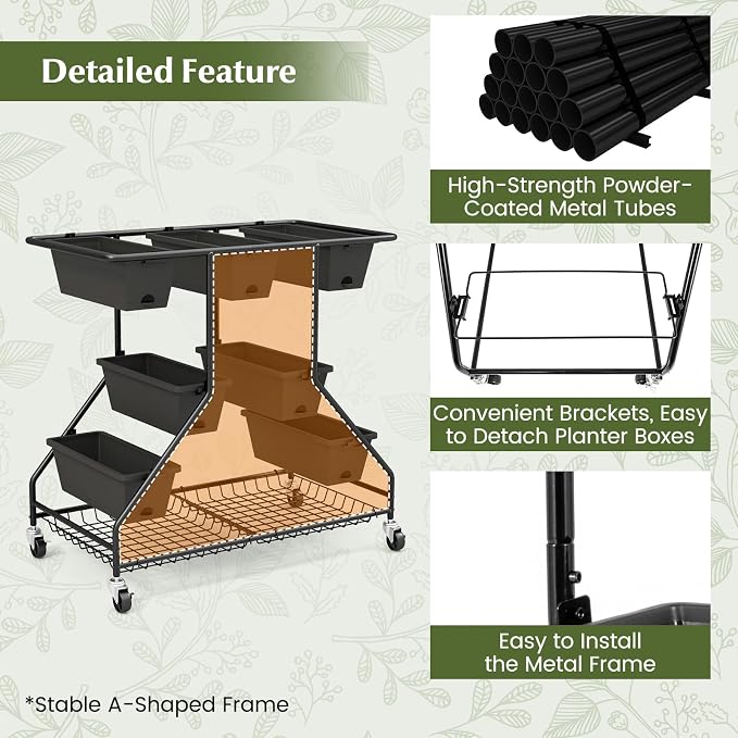 Giantex Rolling Raised Garden Bed w/ 7 Planter Boxes, Storage Baskets, Drainage - Image 3