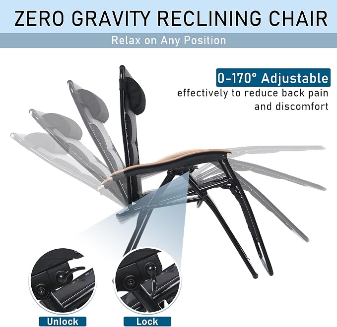 PHI VILLA XXL Oversized Padded Zero Gravity Chair Set of 2, Foldable Patio - Image 5