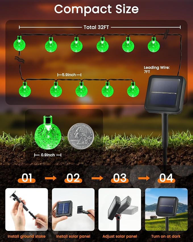 2-Pack 100 LED Green Solar String Lights Outdoor - 64FT Crystal Globe - Image 2