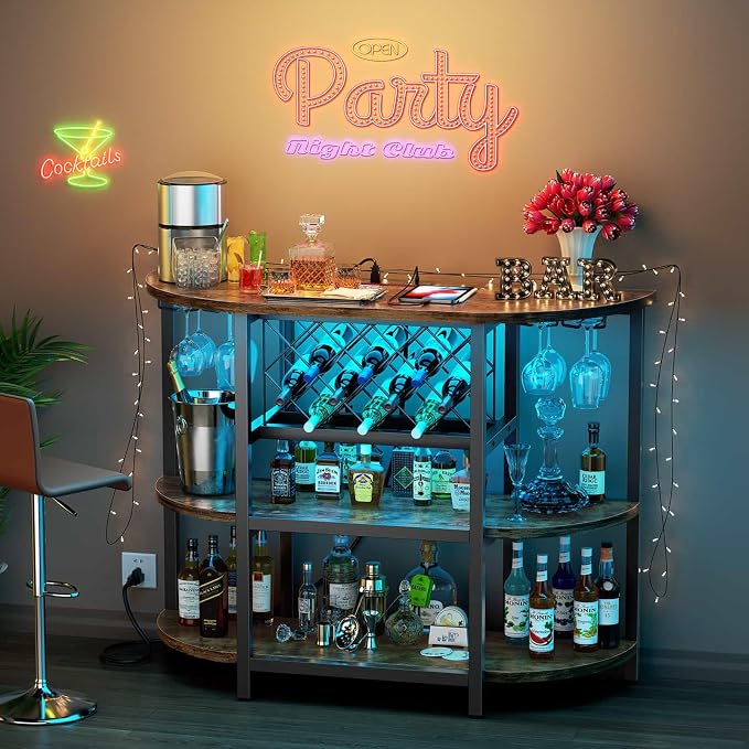 Zarler Bar Cart with Power Outlet Easy to Assemble, LED Home Bar Cabinet - Image 2