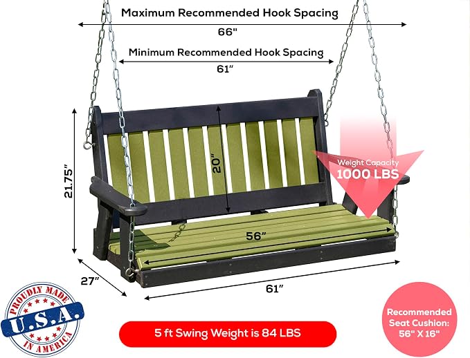 Mission Poly Lumber Wood 5FT Porch Swing Amish Craftsmandship Made in USA HDPE - Image 2