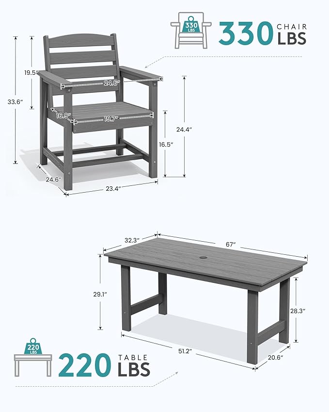 SERWALL Modern Patio Dining Set, 5-Piece Rectangular HDPE Dining Table - Image 6