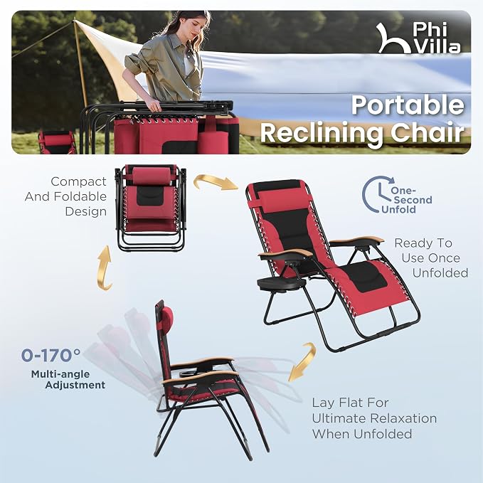 PHI VILLA XXL Oversized Padded Zero Gravity Chair, Foldable Patio Recliner - Image 9