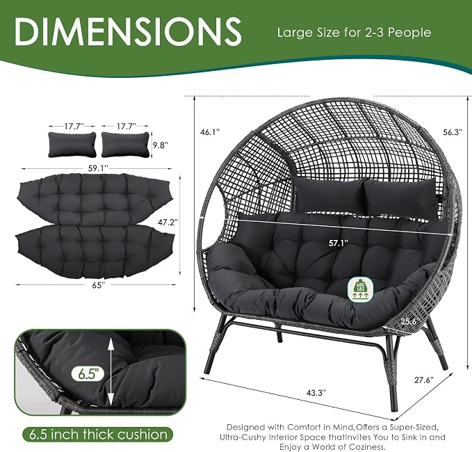 NICESOUL® Double Egg Chair Indoor Outdoor Stationary Oversized 6.5" Thick - Image 2