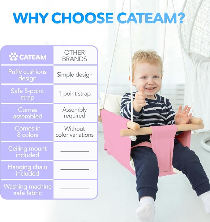 CaTeam - Canvas Baby Swing, Wooden Hanging Swing Seat Chair - Image 4