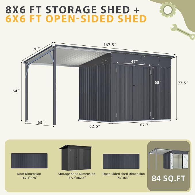 AECOJOY 14x6 Outdoor Open-Sided Metal Storage Shed, 6x8 Small 2-in-1 Tool Shed - Image 2