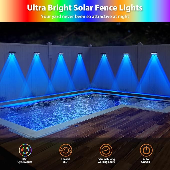 Solar Fence Lights, RGB & Warm White & 6 Colors Lens LED Dusk to Dawn Deck - Image 7