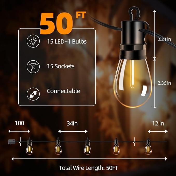 Outdoor Patio String Lights 50ft: S14 LED Shatterproof Bulbs 3 Modes Button - Image 10