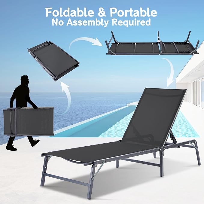 Outdoor Chaise Lounge Chair Set of 2, Foldable & Assemble-Free, 6 Adjustable - Image 4