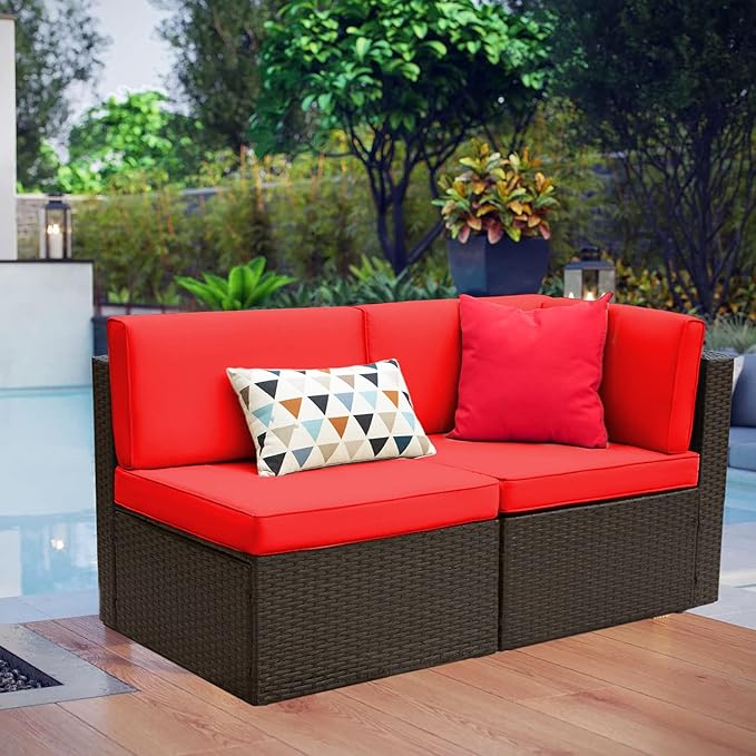 Devoko 2-Piece Modern Red Rattan & Metal Patio Sofa Set - Image 6