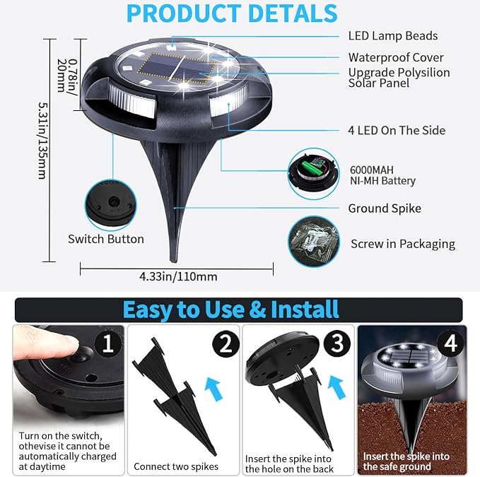 Solar Ground Lights Outdoor Waterproof, 8 Pack 12 LEDs Solar Garden Disk Lights - Image 5