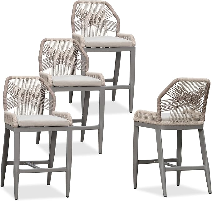 PURPLE LEAF Patio Bar Stool Counter Height Set of 4 Outdoor Rattan Chairs by PURPLELEAF