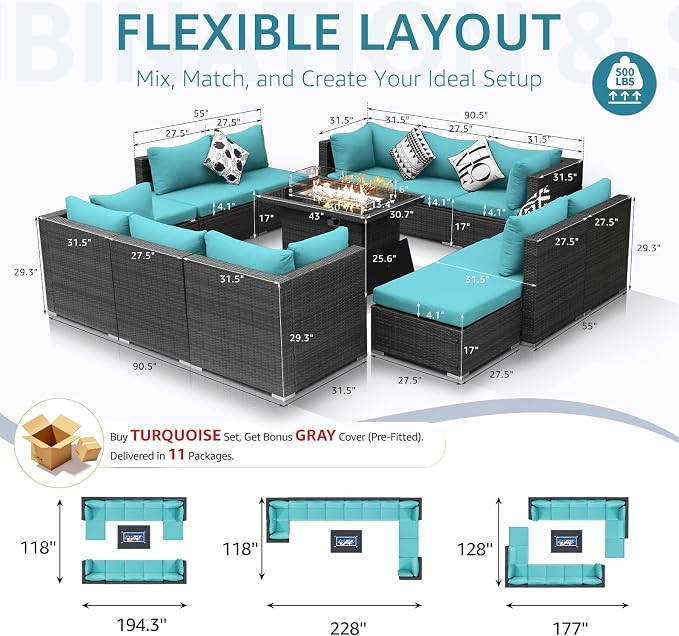 NICESOUL 13 Piece Patio Furniture w/Fireplace, Elegant Outdoor Seating w/Firepit - Image 6