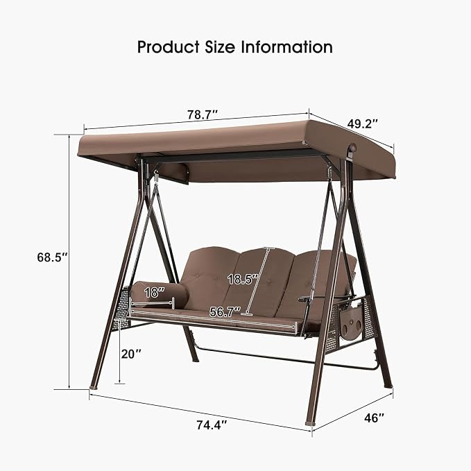 PURPLE LEAF 3-Seat Deluxe Outdoor Patio Porch Swing - Image 5