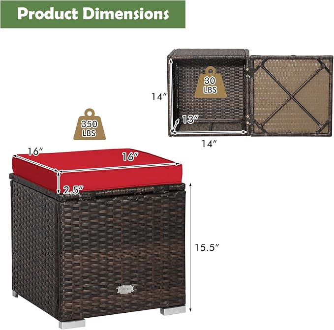 DORTALA Outdoor Storage Ottoman Wicker 2 Piece, Patio Ottomans PE Rattan Foot - Image 3