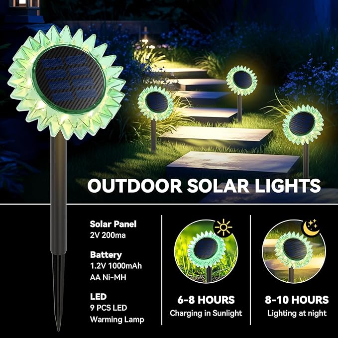 Outdoor Solar Lights, 4 Pack Led Solar Sunflower Lights, Stake/Wall 2-in-1 - Image 4
