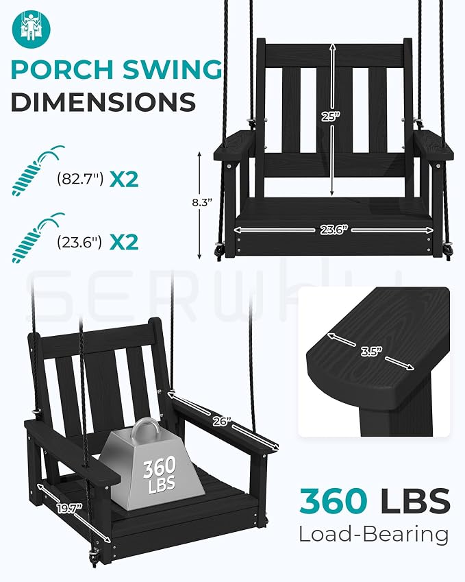 SERWALL HDPE Single Porch Swing, Heavy Duty Single Person Swing Chair - Image 2
