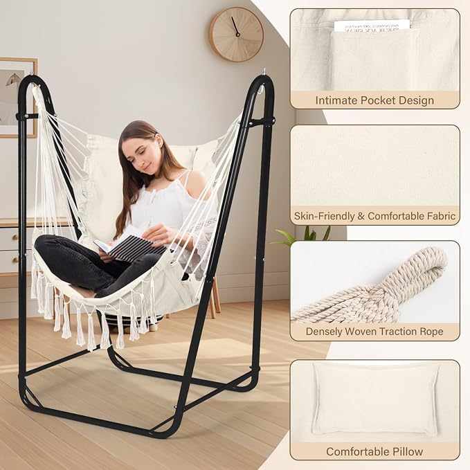 U-Shaped Hammock Chair with Stand, Heavy-Duty and Rustproof Hanging Chair with - Image 6