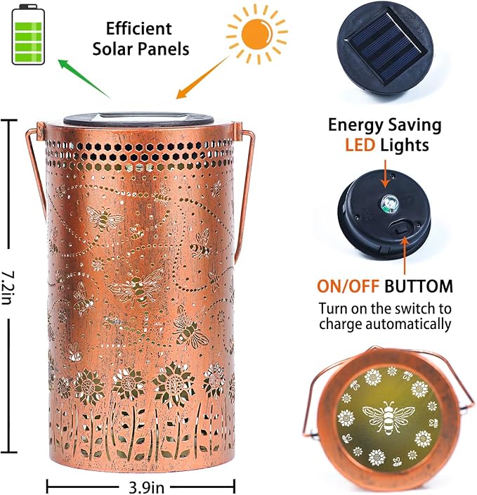 2 Pack Bee Outdoor Solar Hanging Lanterns Waterproof LED Solar Lights Metal - Image 6